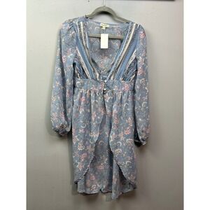 Derek Heart Floral Print Long Sleeve Kimono Womens Blue Boho Chic Sheer